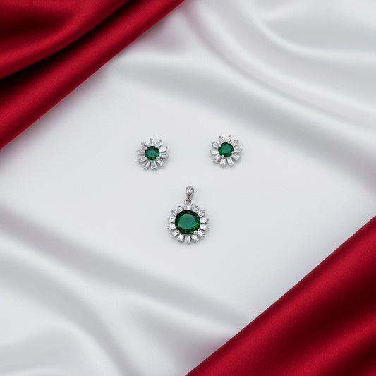 Women's Round Emerald CZ 925 Sterling Silver Pendent with Cz Earring set SPI11